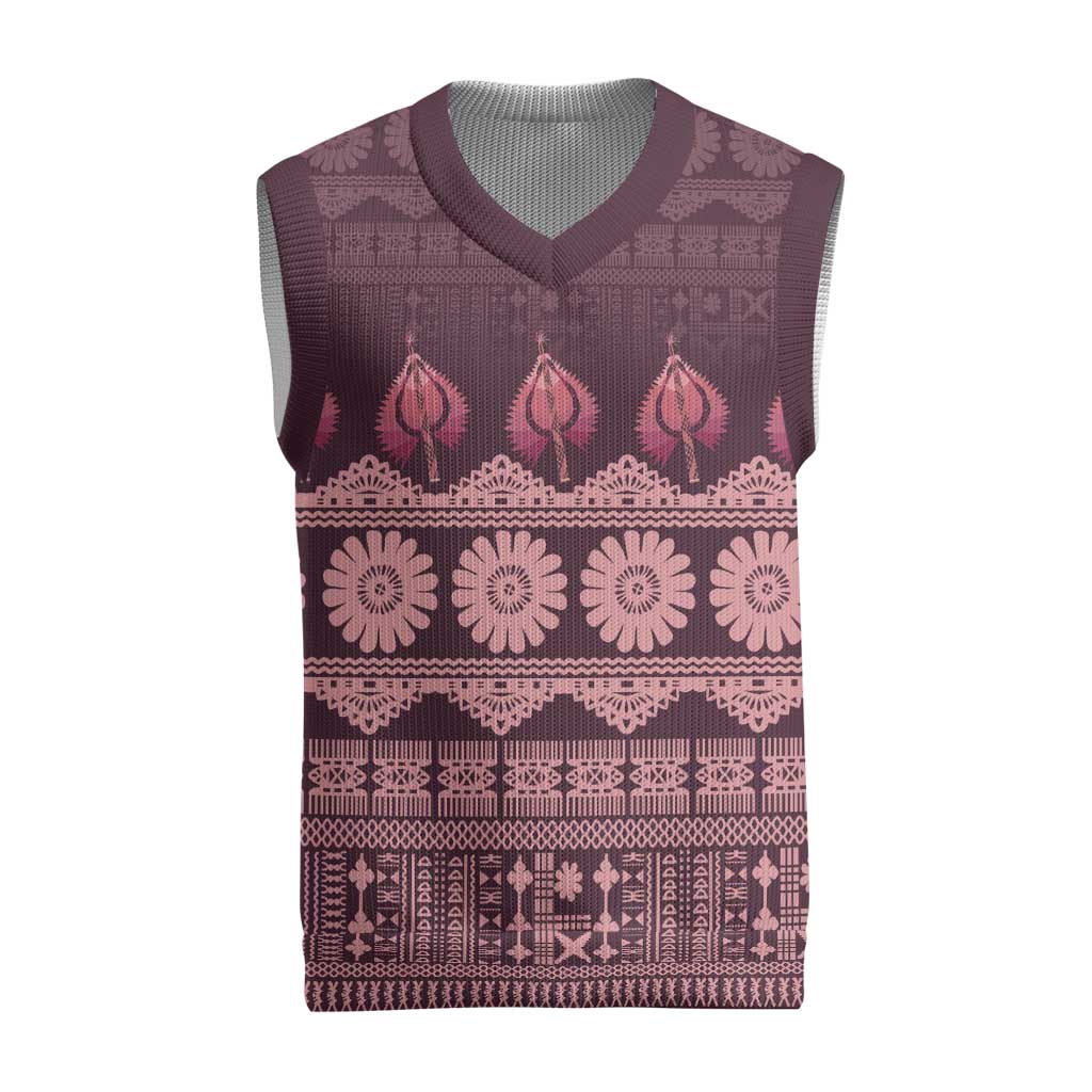 Bula Fiji Iri ni Meke Christmas Knitted V-Neck Vest Piqi Fijian Masi LT14 Pink - Polynesian Pride