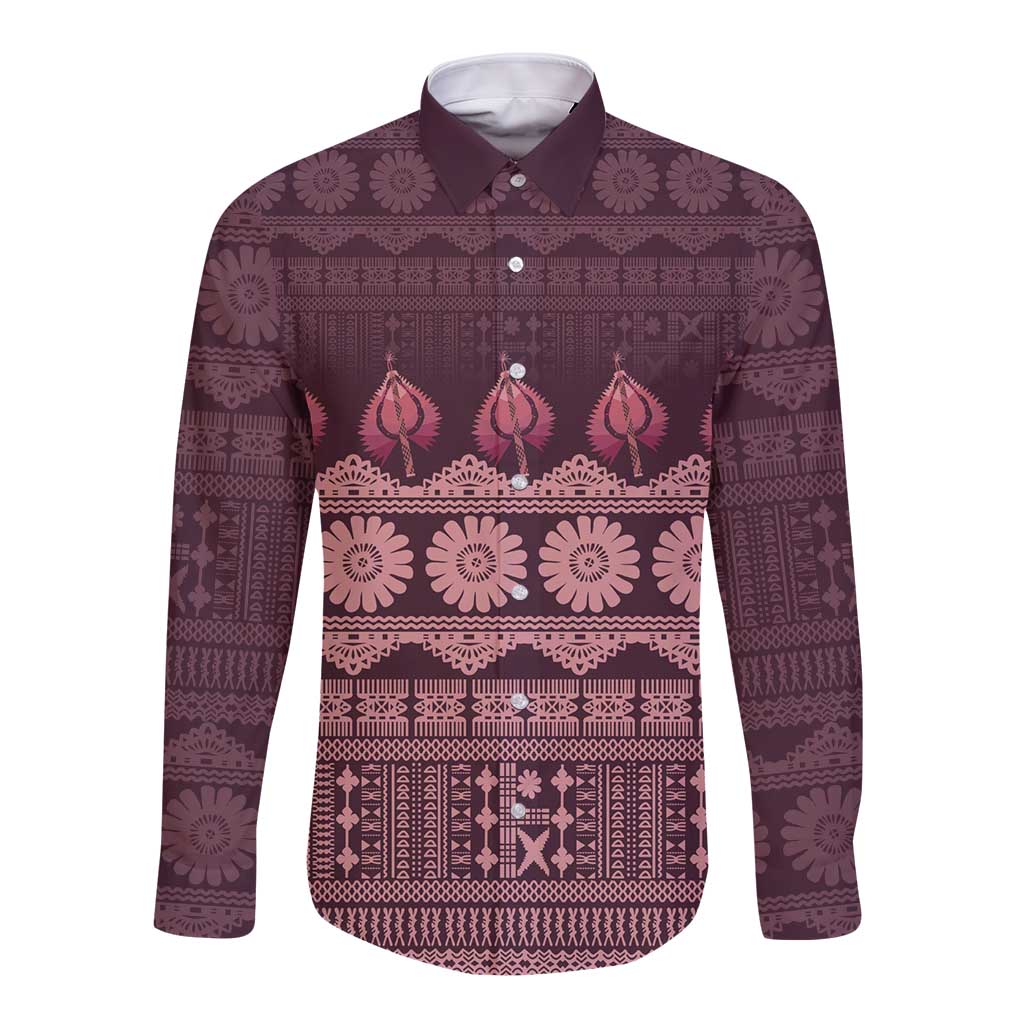 Bula Fiji Iri ni Meke Long Sleeve Button Shirt Piqi Fijian Masi LT14 Unisex Pink - Polynesian Pride