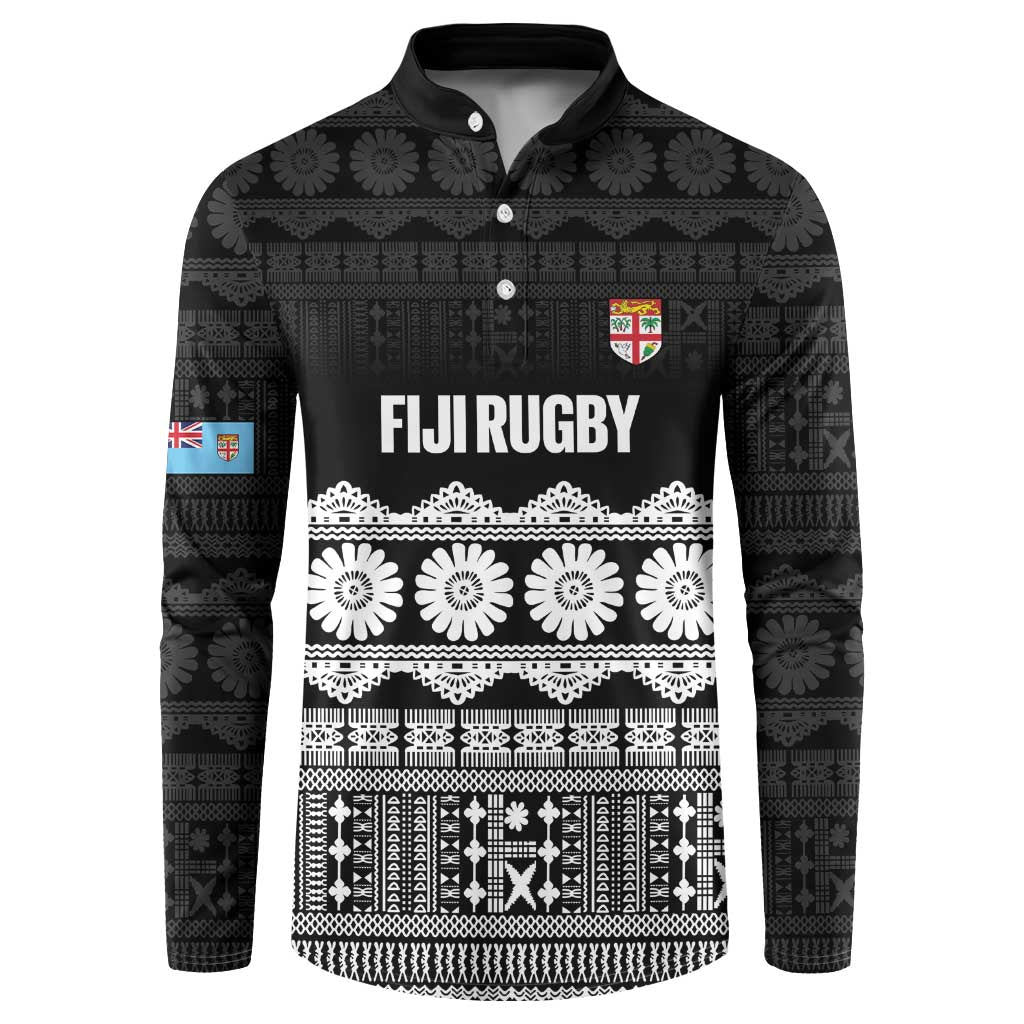 Fiji Tapa Rugby Custom Button Sweatshirt Go Fijiana LT14 Black - Polynesian Pride