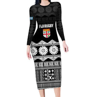Fiji Tapa Rugby Custom Long Sleeve Bodycon Dress Go Fijiana LT14 Long Dress Black - Polynesian Pride