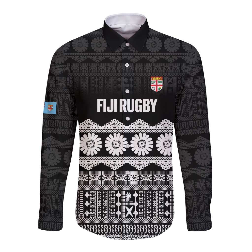 Fiji Tapa Rugby Custom Long Sleeve Button Shirt Go Fijiana LT14 Unisex Black - Polynesian Pride