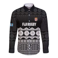 Fiji Tapa Rugby Custom Long Sleeve Button Shirt Go Fijiana LT14 Unisex Black - Polynesian Pride