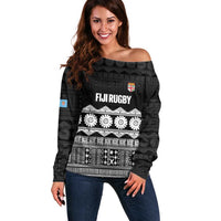Fiji Tapa Rugby Custom Off Shoulder Sweater Go Fijiana LT14 Women Black - Polynesian Pride