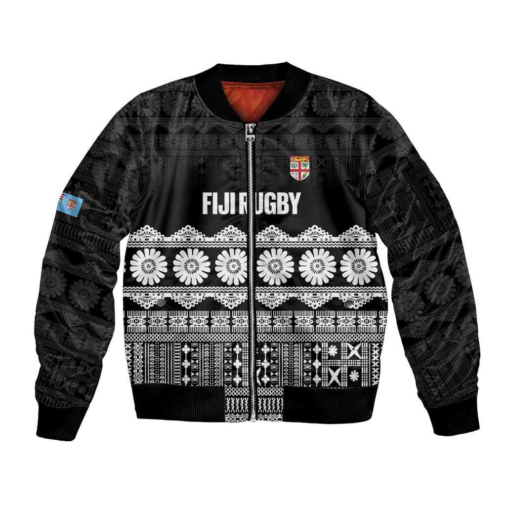 Fiji Tapa Rugby Custom Sleeve Zip Bomber Jacket Go Fijiana LT14 Unisex Black - Polynesian Pride