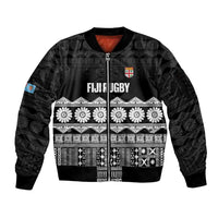 Fiji Tapa Rugby Custom Sleeve Zip Bomber Jacket Go Fijiana LT14 Unisex Black - Polynesian Pride