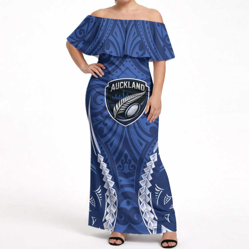 Auckland 2026 Rugby Custom Off Shoulder Maxi Dress NZ Maori Silver Fern LT14 Women Blue - Polynesian Pride
