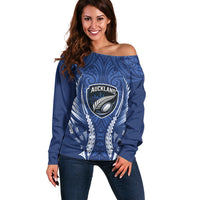 Auckland 2026 Rugby Custom Off Shoulder Sweater NZ Maori Silver Fern LT14 Women Blue - Polynesian Pride