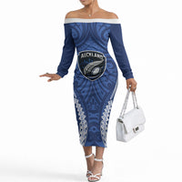 Auckland 2026 Rugby Custom Off The Shoulder Long Sleeve Dress NZ Maori Silver Fern LT14 Women Blue - Polynesian Pride