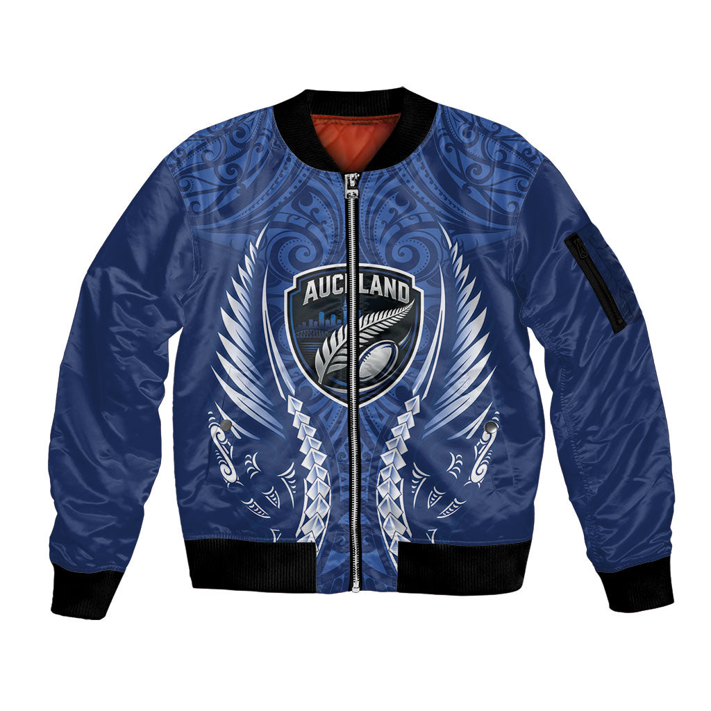 Auckland 2026 Rugby Custom Sleeve Zip Bomber Jacket NZ Maori Silver Fern LT14 Unisex Blue - Polynesian Pride