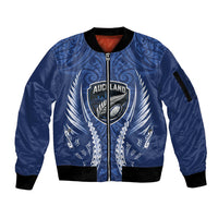 Auckland 2026 Rugby Custom Sleeve Zip Bomber Jacket NZ Maori Silver Fern LT14 Unisex Blue - Polynesian Pride