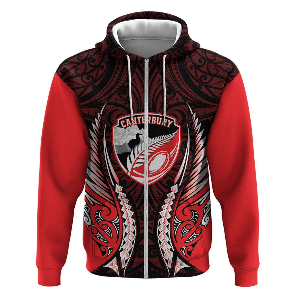 Canterbury 2026 Rugby Custom Hoodie NZ Maori Silver Fern LT14 Zip Hoodie Red - Polynesian Pride