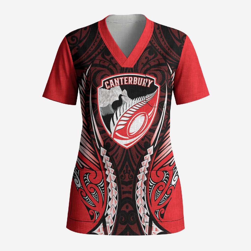 Canterbury 2026 Rugby Custom Scrub Top NZ Maori Silver Fern LT14 Adult Red - Polynesian Pride