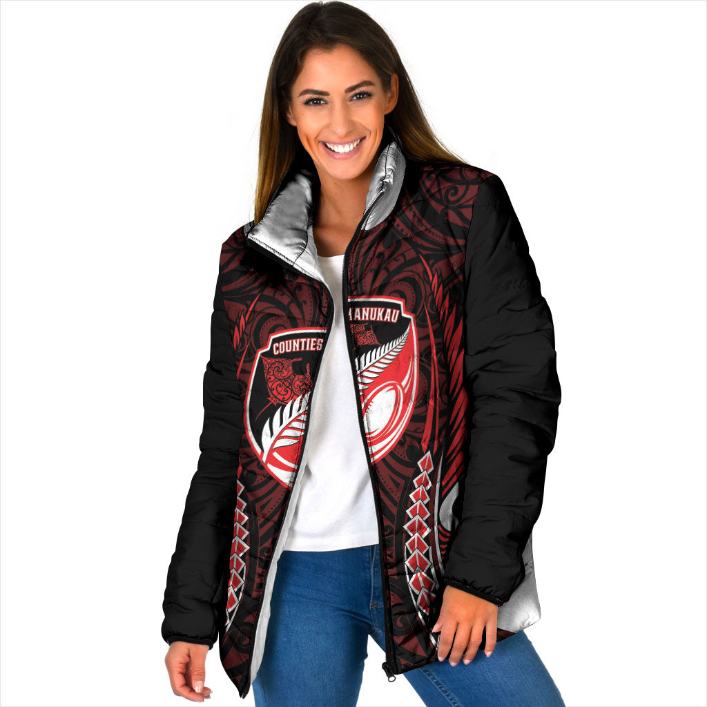 Counties Manukau 2026 Rugby Custom Padded Jacket NZ Maori Silver Fern LT14 Women Red - Polynesian Pride
