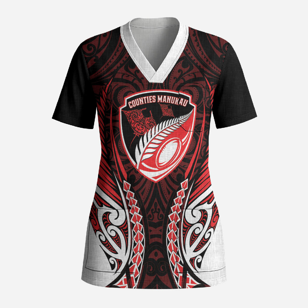 Counties Manukau 2026 Rugby Custom Scrub Top NZ Maori Silver Fern LT14 Adult Red - Polynesian Pride