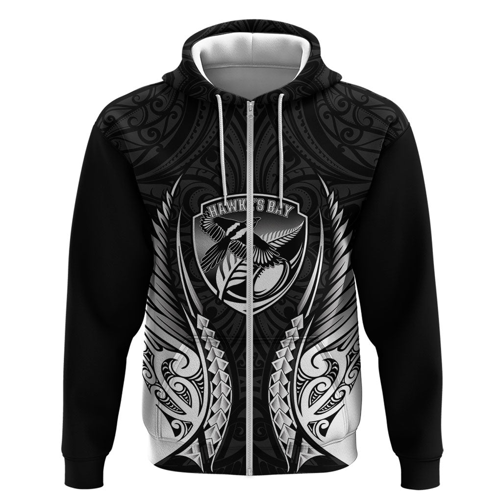 Hawke's Bay 2026 Rugby Custom Hoodie NZ Maori Silver Fern LT14 Zip Hoodie Black - Polynesian Pride