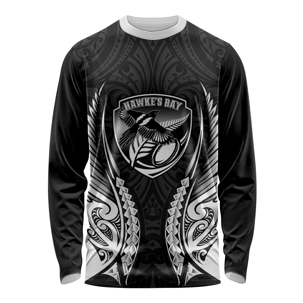 Hawke's Bay 2026 Rugby Custom Long Sleeve Shirt NZ Maori Silver Fern LT14 Unisex Black - Polynesian Pride