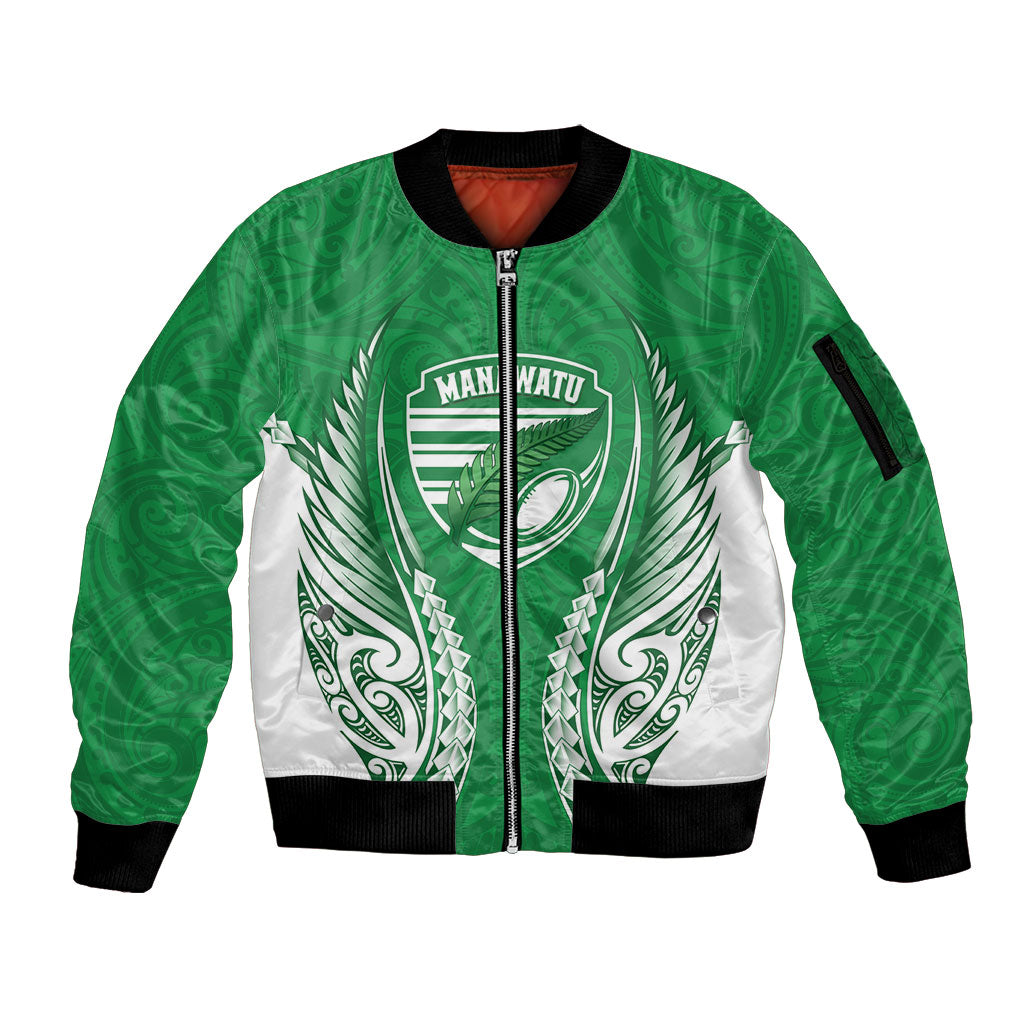 Manawatu 2026 Rugby Custom Sleeve Zip Bomber Jacket NZ Maori Silver Fern LT14 Unisex Green - Polynesian Pride