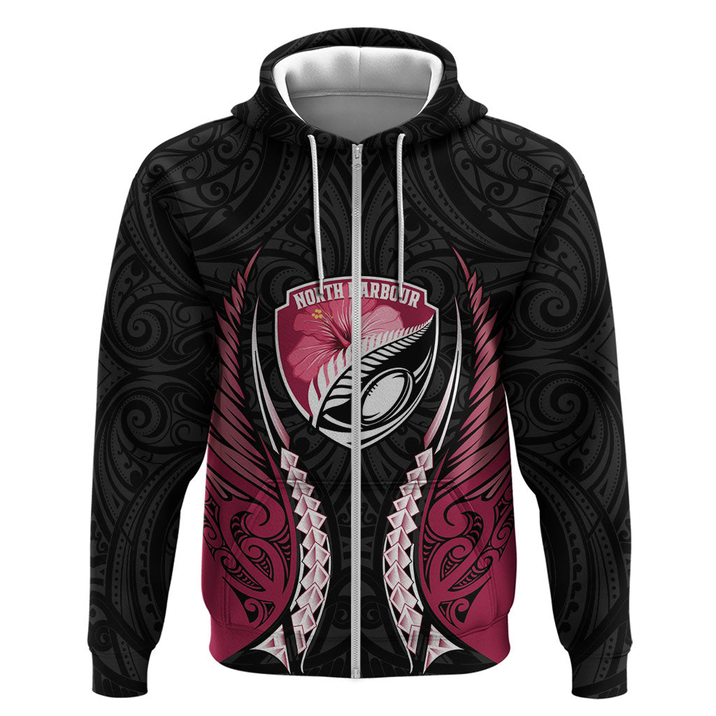 North Harbour 2026 Rugby Custom Hoodie NZ Maori Silver Fern LT14 Zip Hoodie Maroon - Polynesian Pride