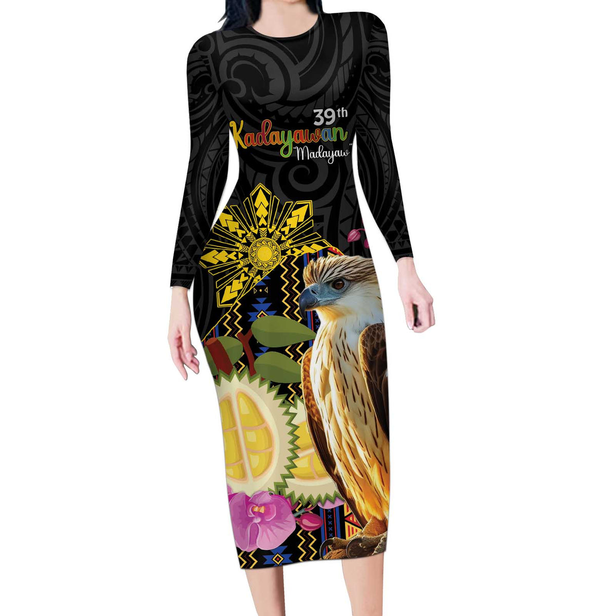 Kadayawan Philippines Long Sleeve Bodycon Dress Filipino Eagle Happy 39th Anniversary LT14 Long Dress Black - Polynesian Pride