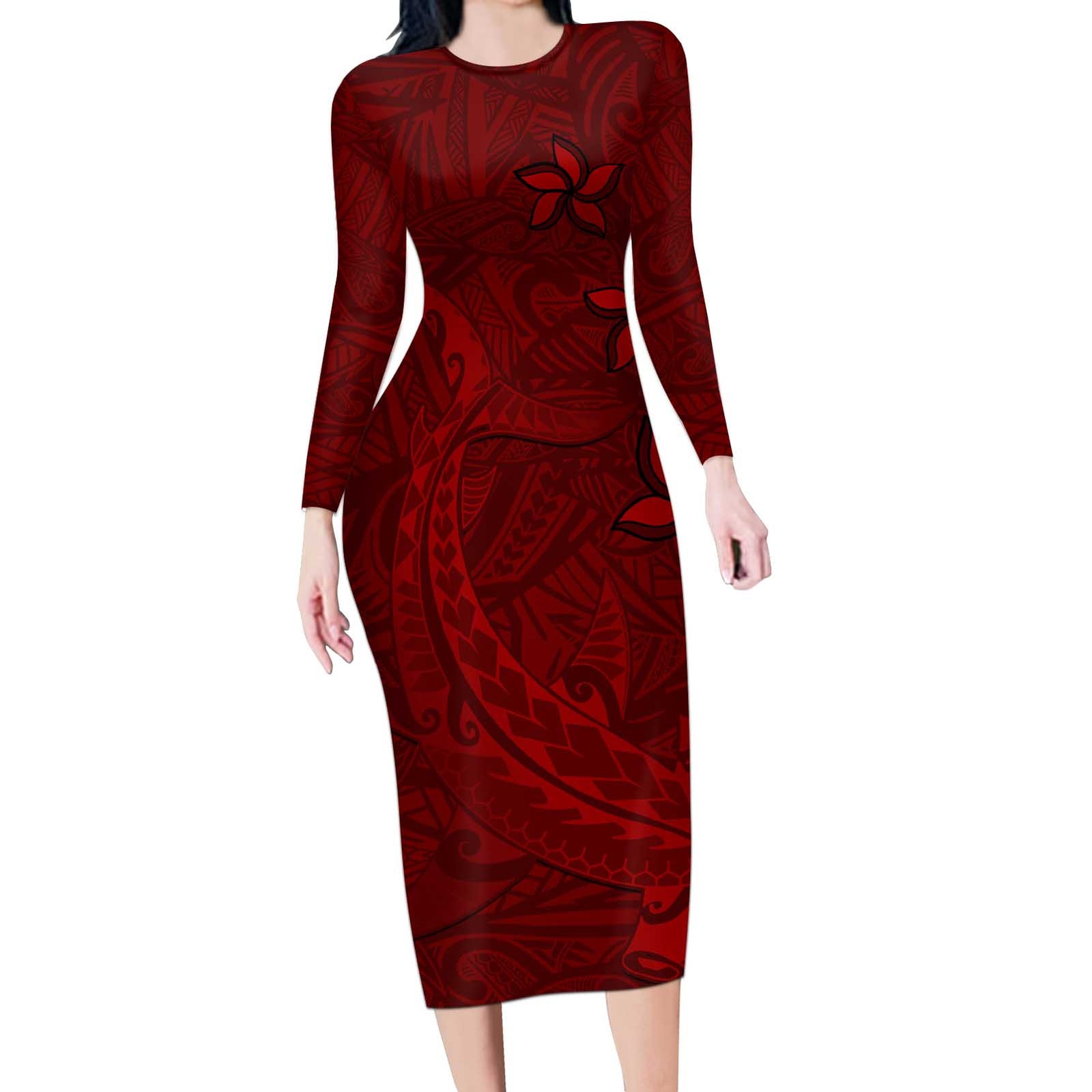 Oxblood Polynesia Long Sleeve Bodycon Dress Hawaiian Tribal Hammerhead Shark Tattoo LT14 Long Dress Oxblood - Polynesian Pride