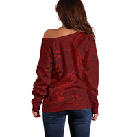 Oxblood Polynesia Off Shoulder Sweater Hawaiian Tribal Hammerhead Shark Tattoo LT14 - Polynesian Pride