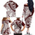 Polynesian Tropical Flowers Oxblood Color Family Matching Off The Shoulder Long Sleeve Dress and Hawaiian Shirt