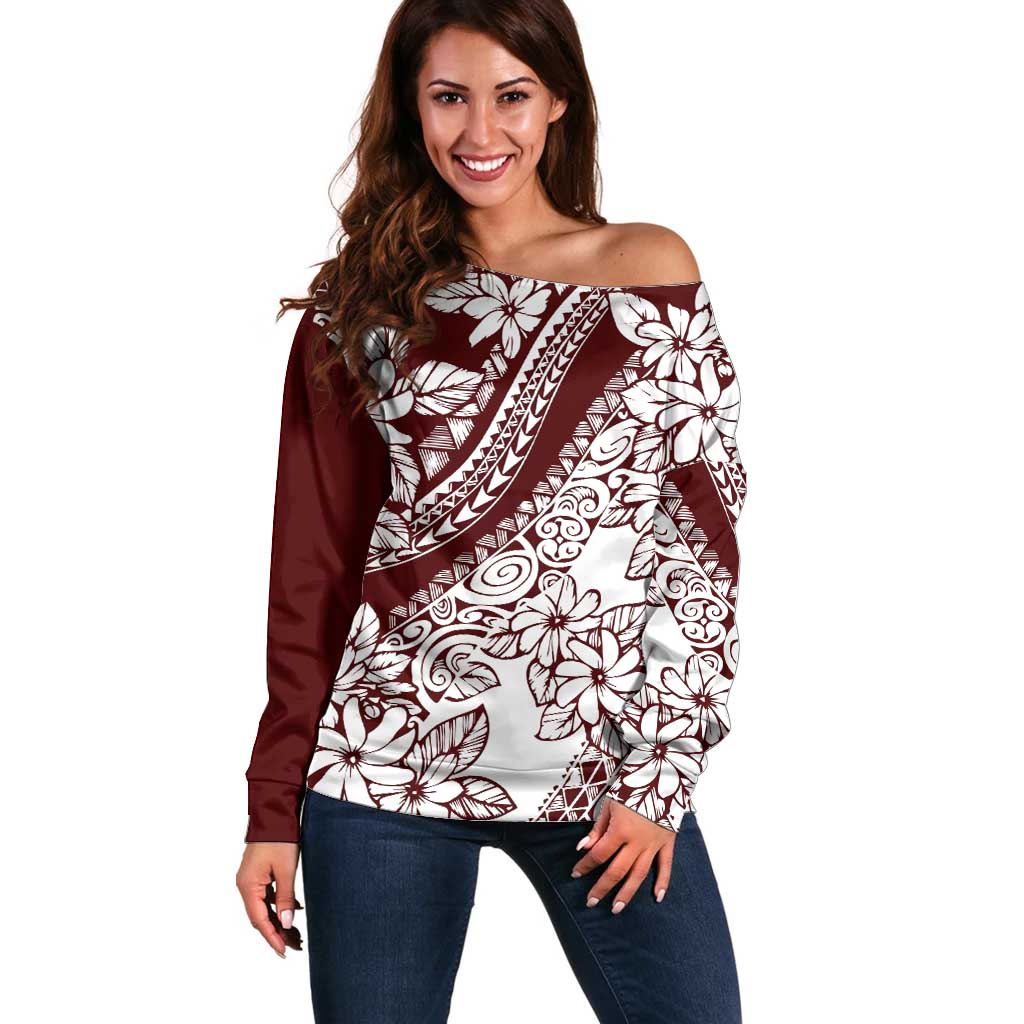 Polynesian Tropical Flowers Oxblood Color Off Shoulder Sweater LT14 Women Oxblood - Polynesian Pride