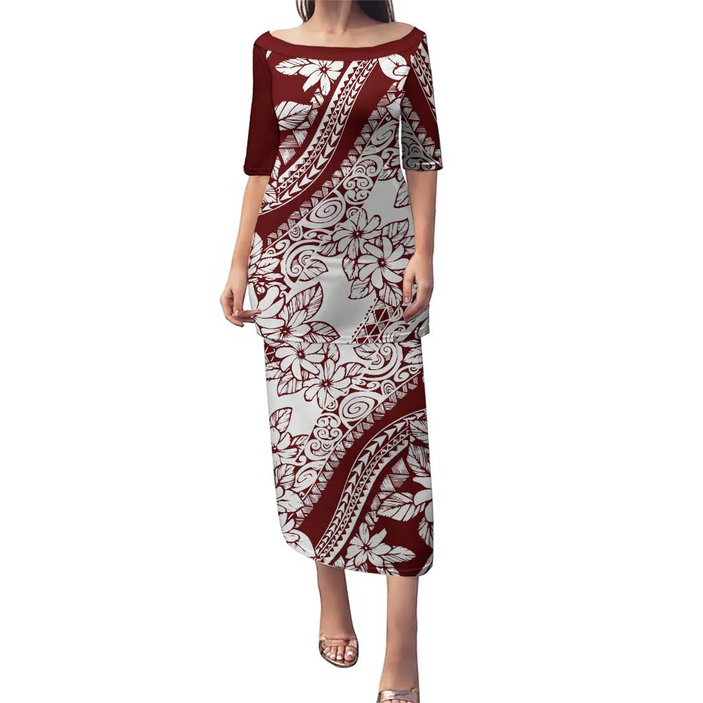 Polynesian Tropical Flowers Oxblood Color Puletasi LT14 Long Dress Oxblood - Polynesian Pride