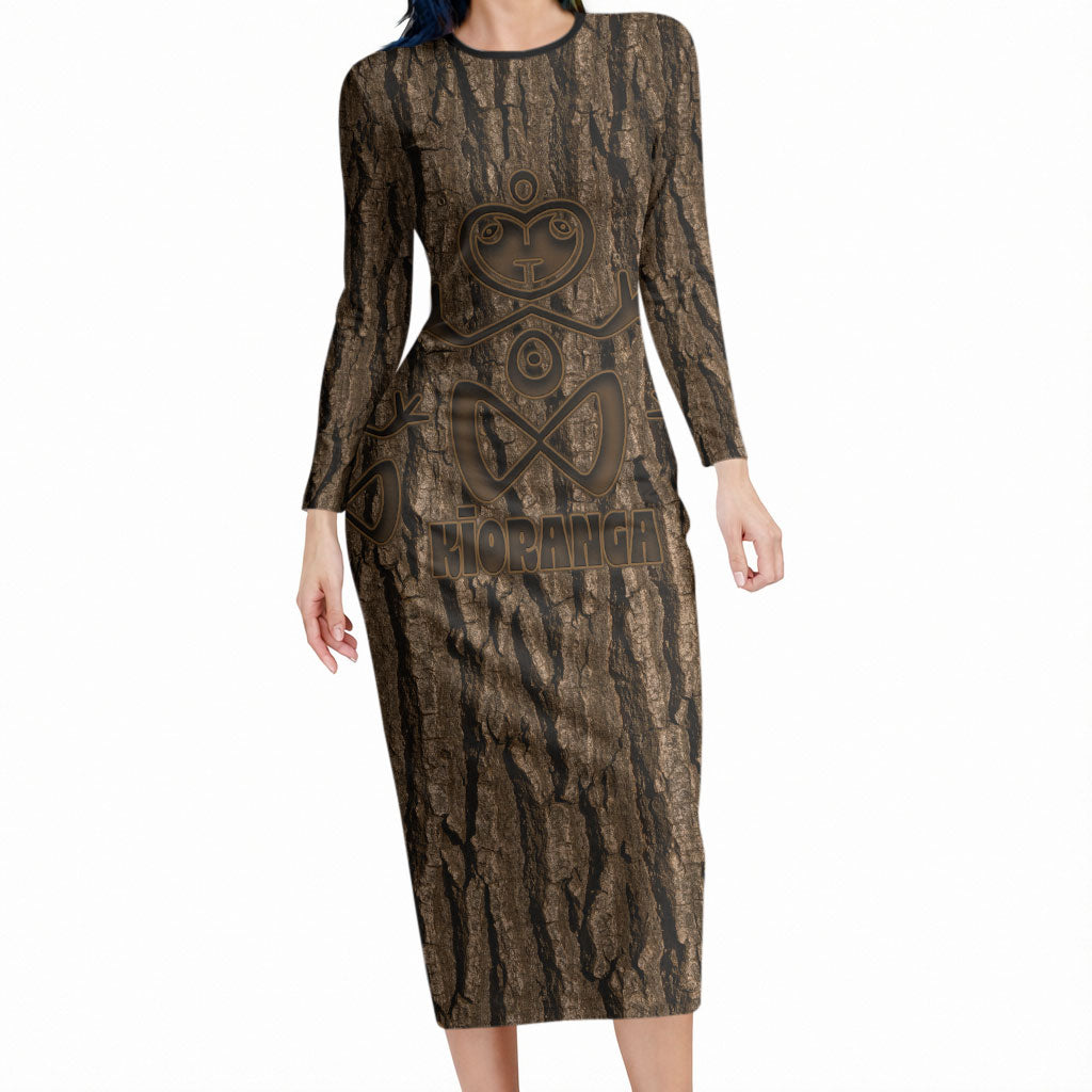 Kioranga Moriori New Zealand Long Sleeve Bodycon Dress Kopi Rakau Carving Art LT14 Long Dress Brown - Polynesian Pride