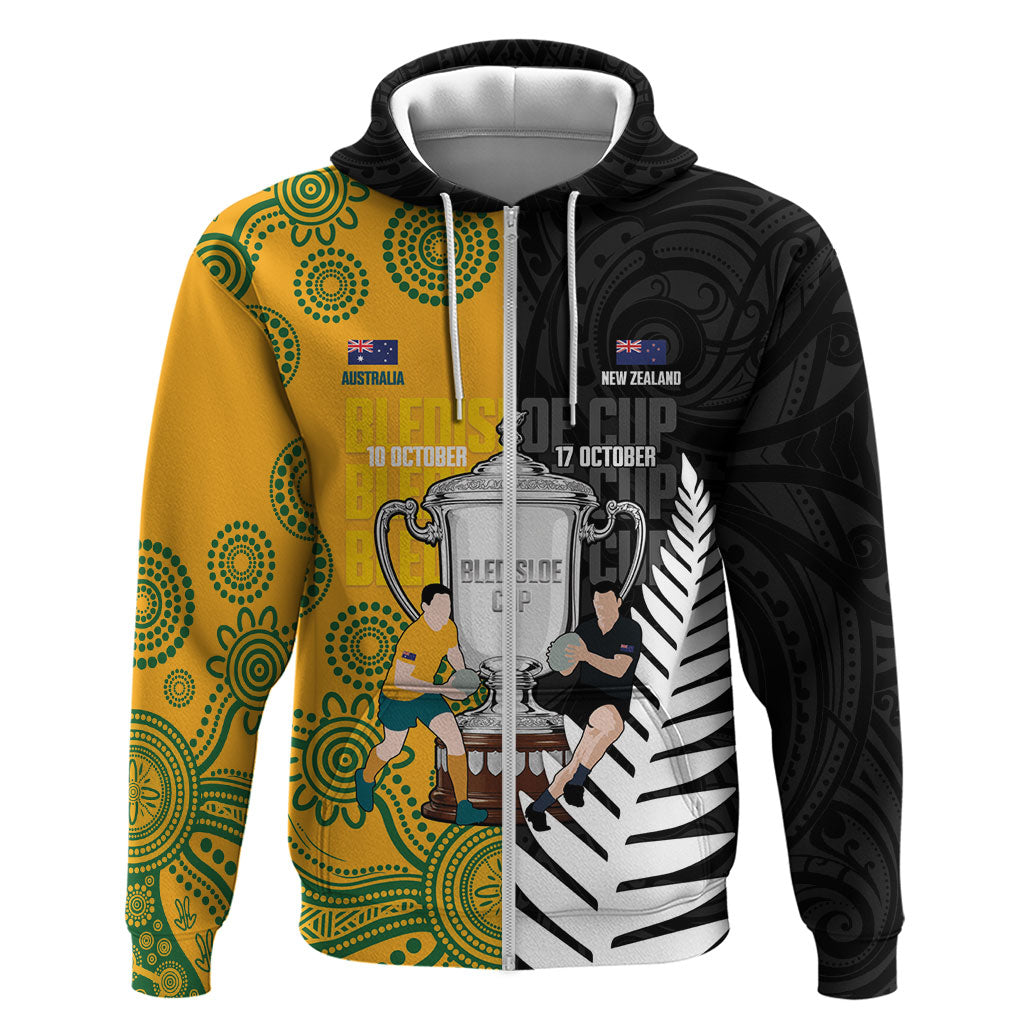 New Zealand Australia Rugby Bledisloe 2026 Custom Zip Hoodie Champion Trophy Maori Aboriginal Art LT14 Zip Hoodie Multicolor - Polynesian Pride