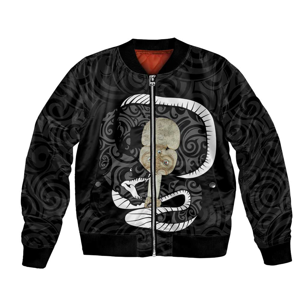 Black New Zealand Eel Bomber Jacket Aotearoa Maori Tuna With Kotiate Weapon LT14 Unisex Black - Polynesian Pride
