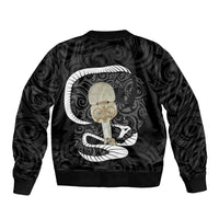 Black New Zealand Eel Bomber Jacket Aotearoa Maori Tuna With Kotiate Weapon LT14 - Polynesian Pride