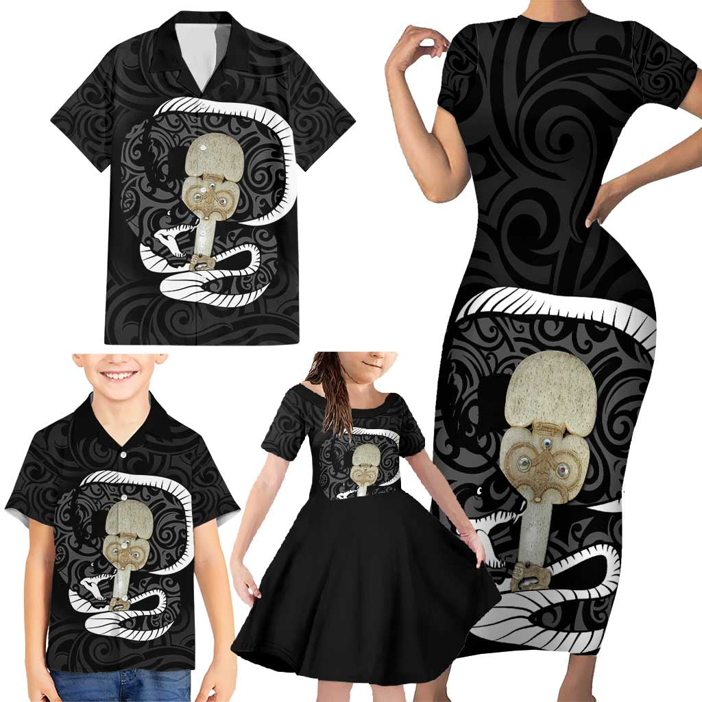 Black New Zealand Eel Family Matching Short Sleeve Bodycon Dress and Hawaiian Shirt Aotearoa Maori Tuna With Kotiate Weapon