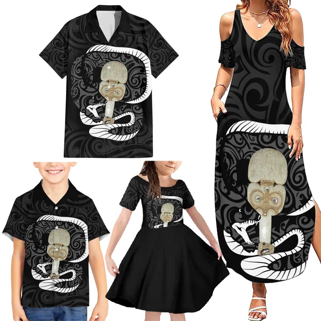 Black New Zealand Eel Family Matching Summer Maxi Dress and Hawaiian Shirt Aotearoa Maori Tuna With Kotiate Weapon