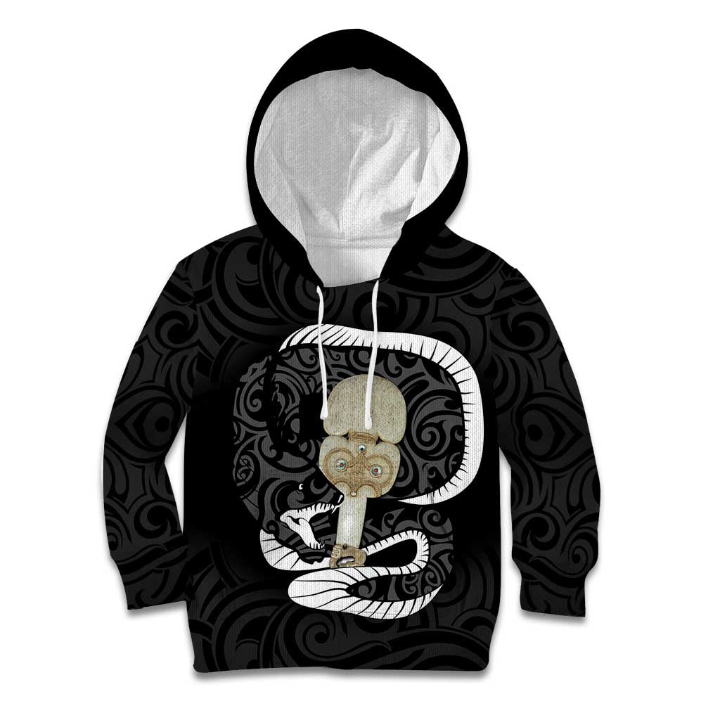 Black New Zealand Eel Kid Hoodie Aotearoa Maori Tuna With Kotiate Weapon LT14 Hoodie Black - Polynesian Pride