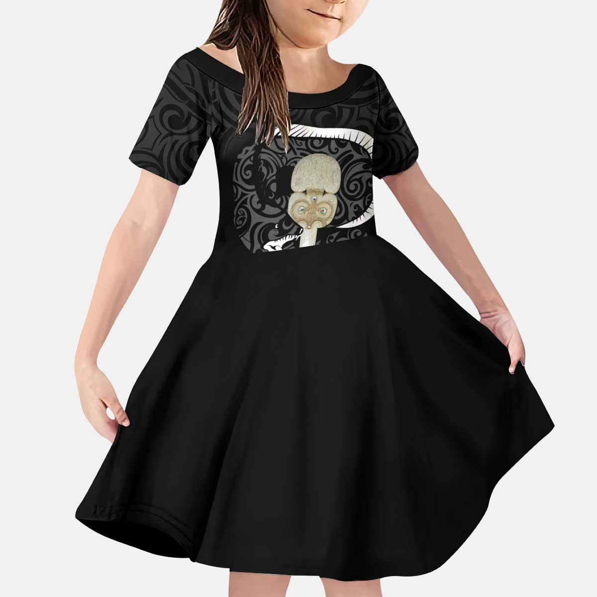 Black New Zealand Eel Kid Short Sleeve Dress Aotearoa Maori Tuna With Kotiate Weapon LT14 KID Black - Polynesian Pride