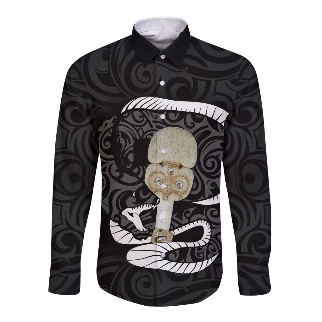 Black New Zealand Eel Long Sleeve Button Shirt Aotearoa Maori Tuna With Kotiate Weapon LT14 Unisex Black - Polynesian Pride