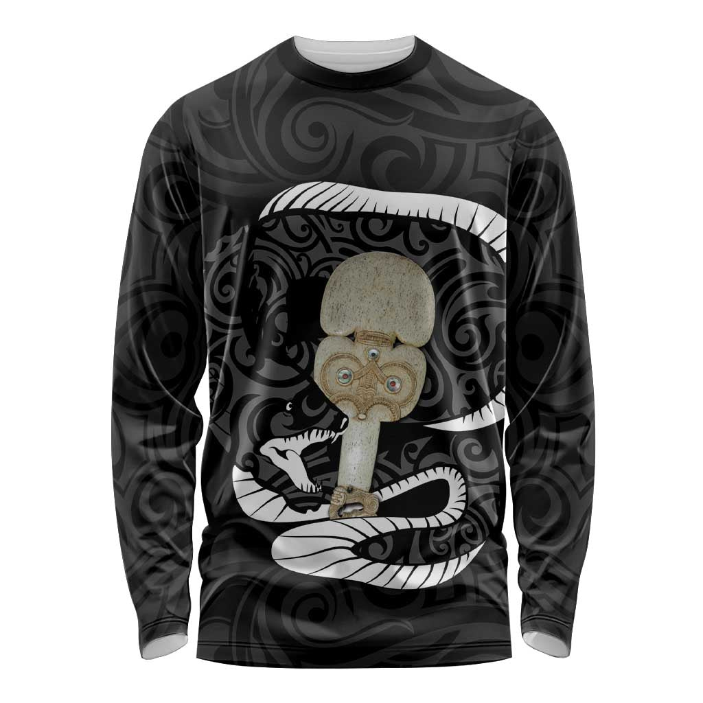 Black New Zealand Eel Long Sleeve Shirt Aotearoa Maori Tuna With Kotiate Weapon LT14 Unisex Black - Polynesian Pride
