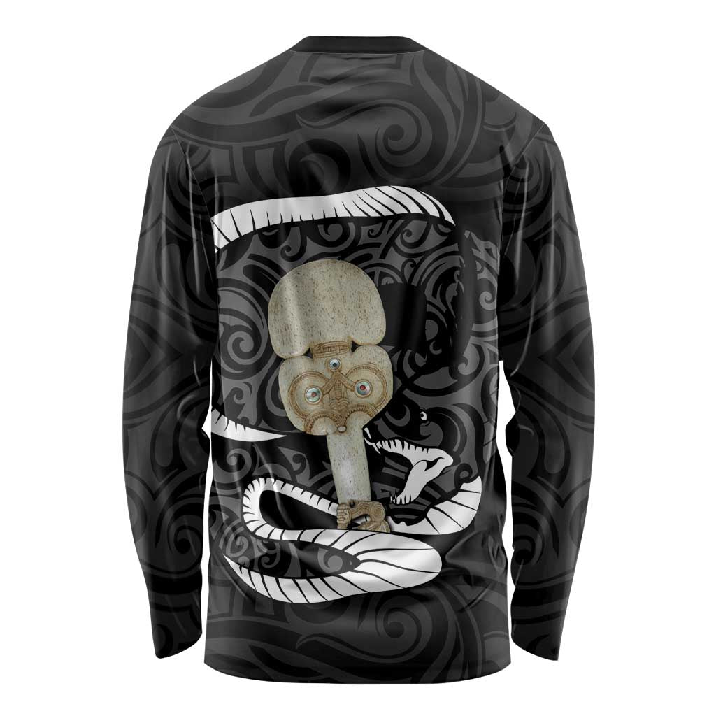 Black New Zealand Eel Long Sleeve Shirt Aotearoa Maori Tuna With Kotiate Weapon LT14 - Polynesian Pride