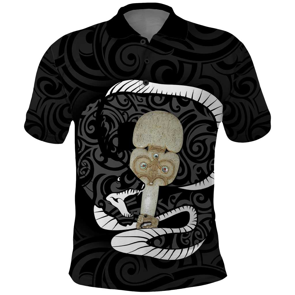 Black New Zealand Eel Polo Shirt Aotearoa Maori Tuna With Kotiate Weapon