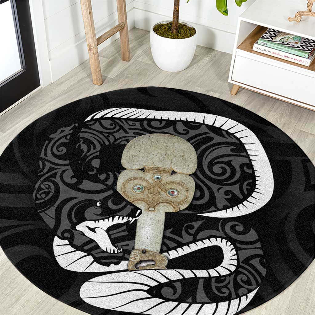 Black New Zealand Eel Round Carpet Aotearoa Maori Tuna With Kotiate Weapon LT14 Black - Polynesian Pride