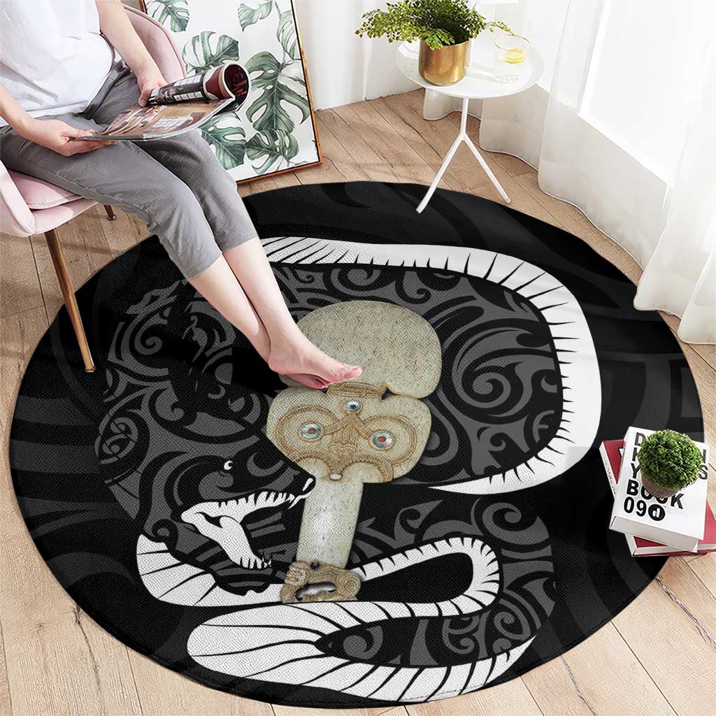 Black New Zealand Eel Round Carpet Aotearoa Maori Tuna With Kotiate Weapon LT14 - Polynesian Pride