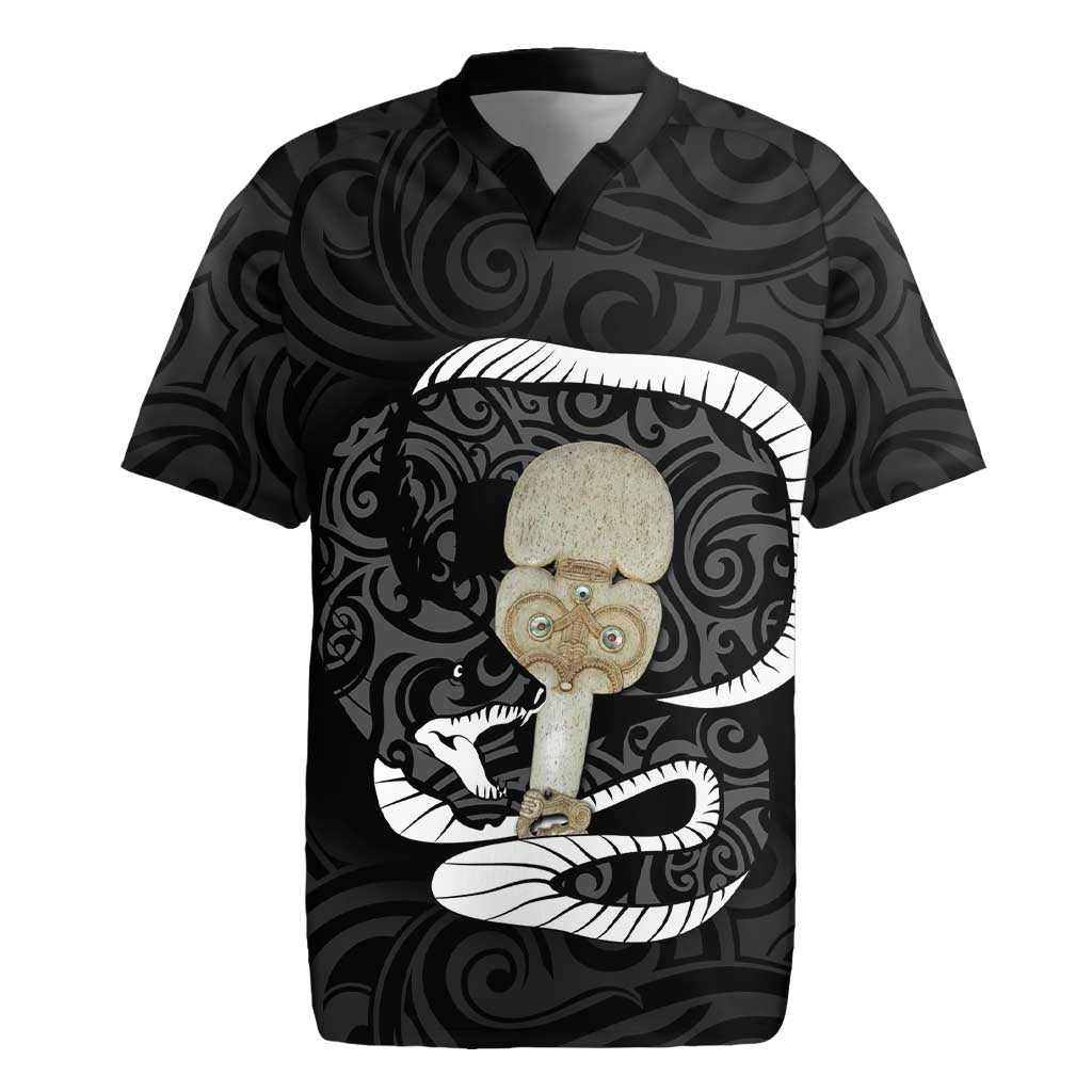 Black New Zealand Eel Rugby Jersey Aotearoa Maori Tuna With Kotiate Weapon LT14 Black - Polynesian Pride