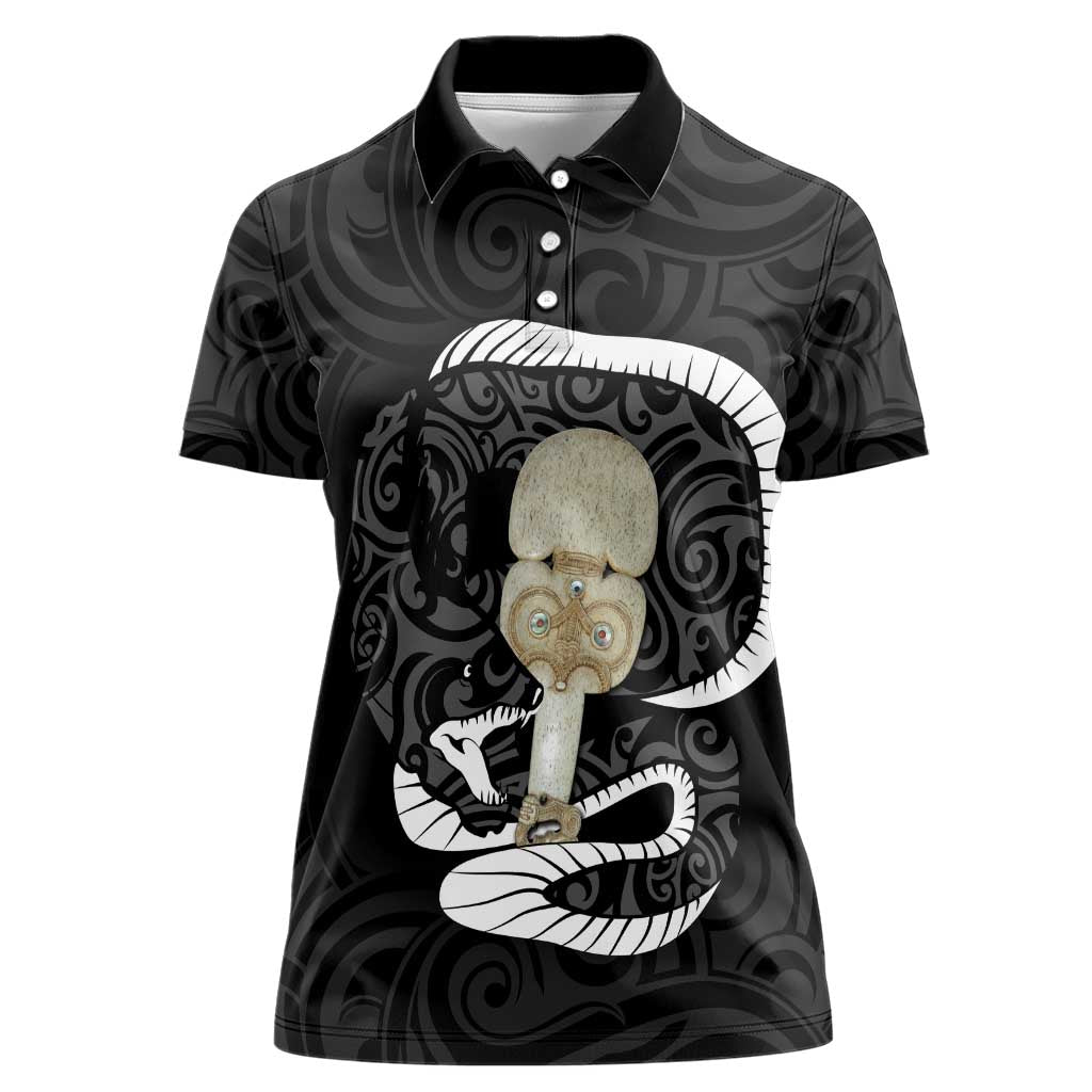 Black New Zealand Eel Women Polo Shirt Aotearoa Maori Tuna With Kotiate Weapon LT14 Female Black - Polynesian Pride