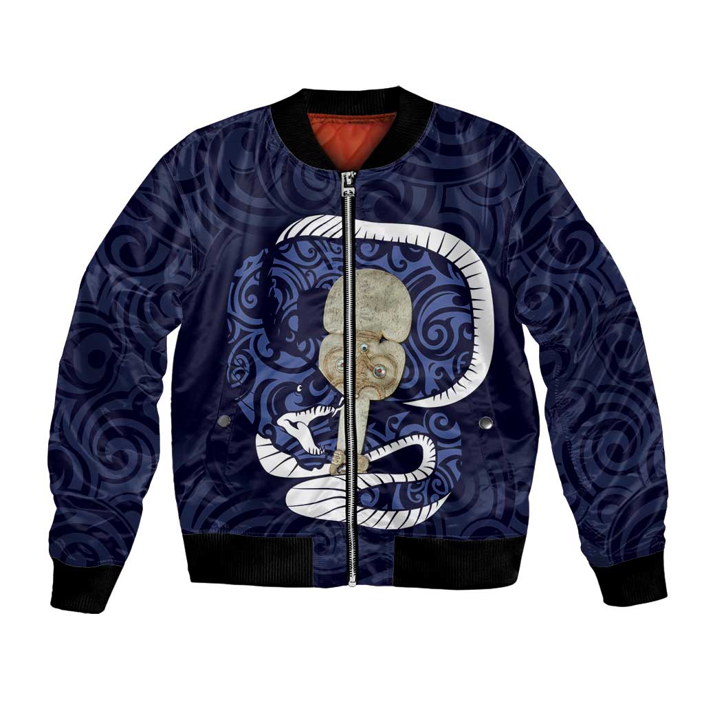 Blue New Zealand Eel Bomber Jacket Aotearoa Maori Tuna With Kotiate Weapon LT14 Unisex Blue - Polynesian Pride