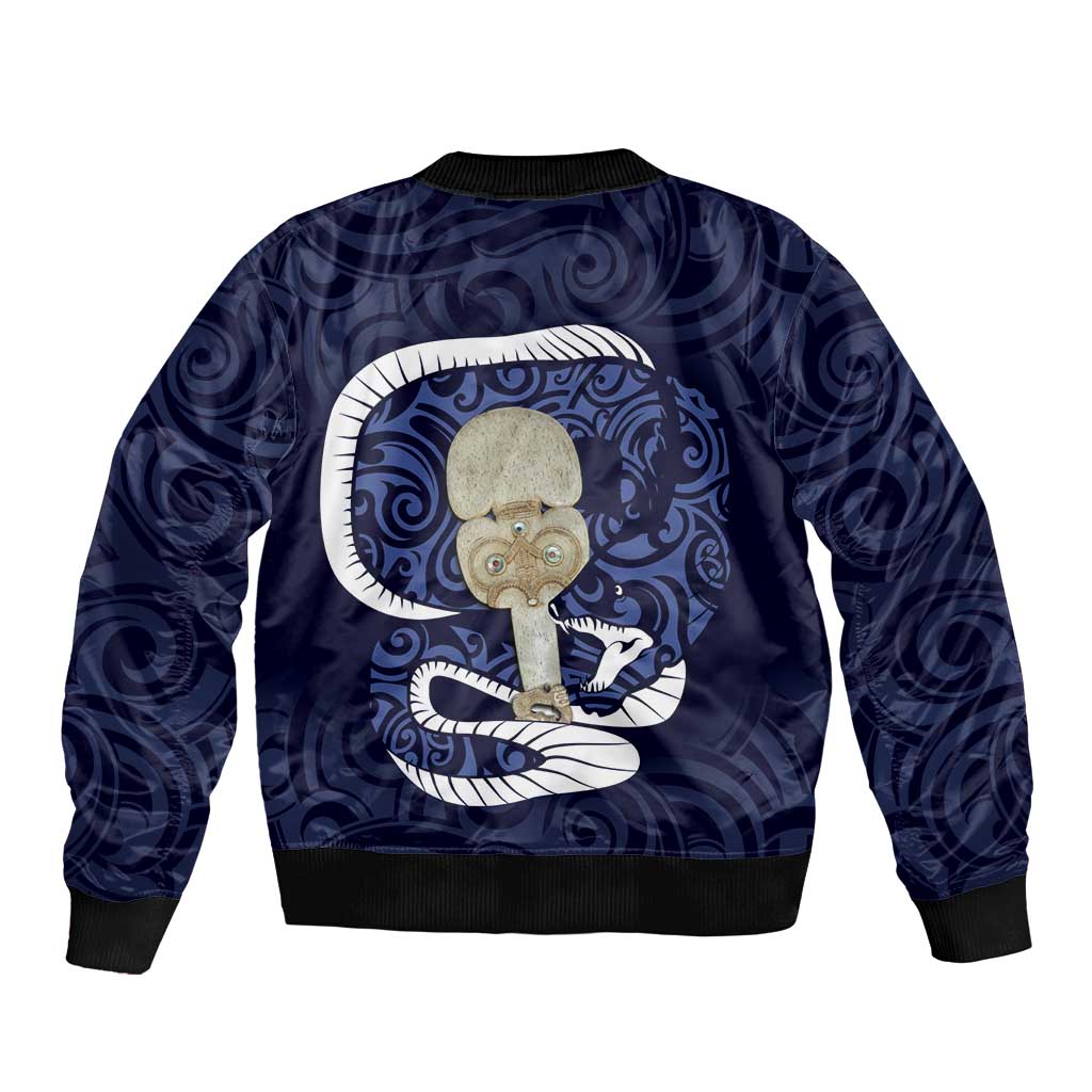 Blue New Zealand Eel Bomber Jacket Aotearoa Maori Tuna With Kotiate Weapon LT14 - Polynesian Pride