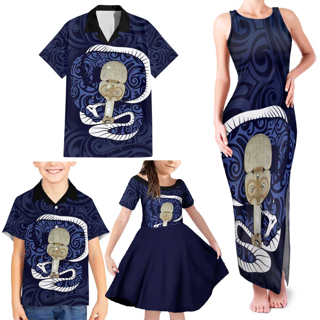 Blue New Zealand Eel Family Matching Tank Maxi Dress and Hawaiian Shirt Aotearoa Maori Tuna With Kotiate Weapon