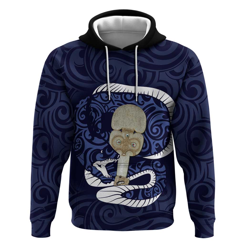 Blue New Zealand Eel Hoodie Aotearoa Maori Tuna With Kotiate Weapon LT14 Pullover Hoodie Blue - Polynesian Pride