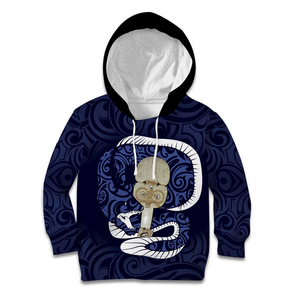 Blue New Zealand Eel Kid Hoodie Aotearoa Maori Tuna With Kotiate Weapon