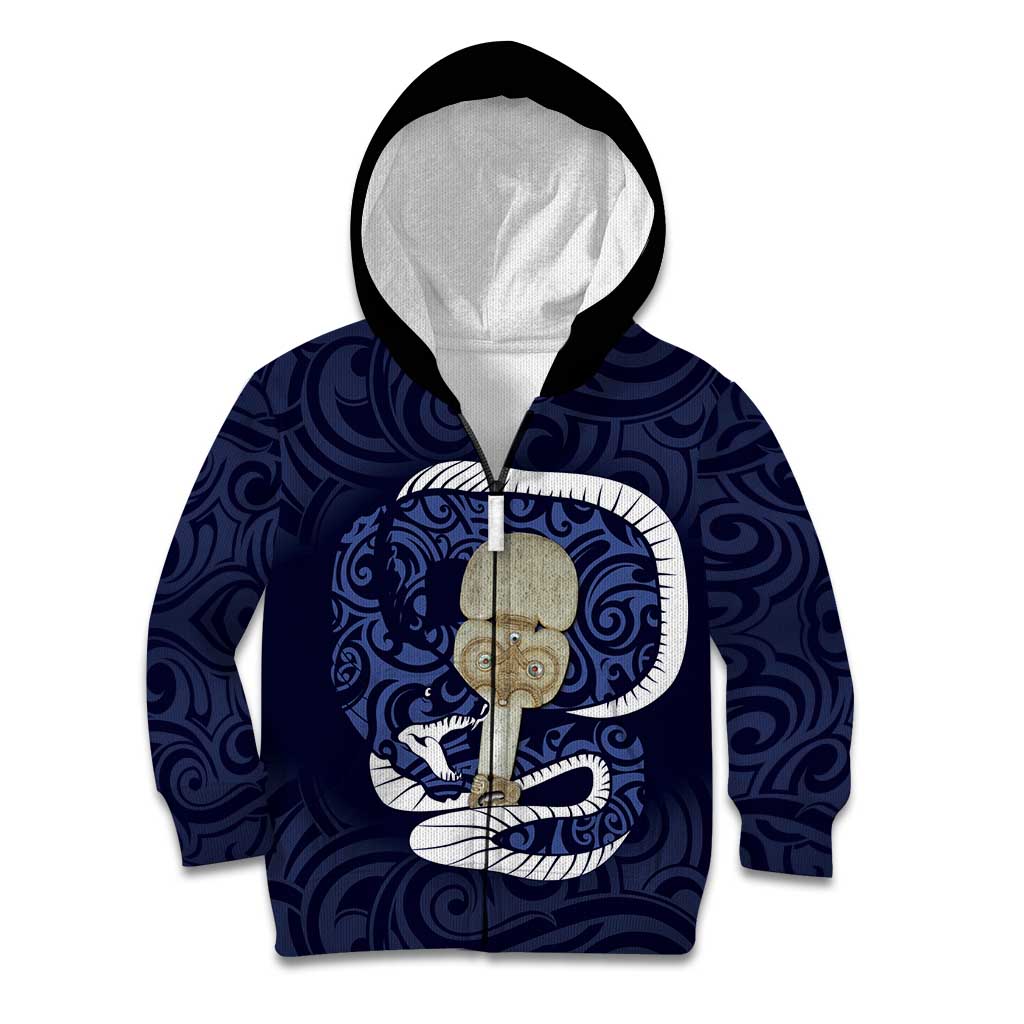 Blue New Zealand Eel Kid Hoodie Aotearoa Maori Tuna With Kotiate Weapon LT14 Zip Hoodie Blue - Polynesian Pride